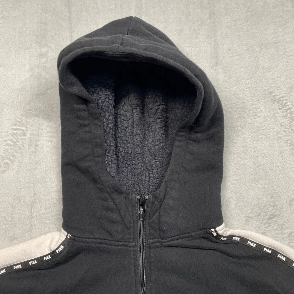 PINK Victoria's Secret Zip Hoodie Women Medium Black Sherpa Hood white Stripe - Picture 4 of 11